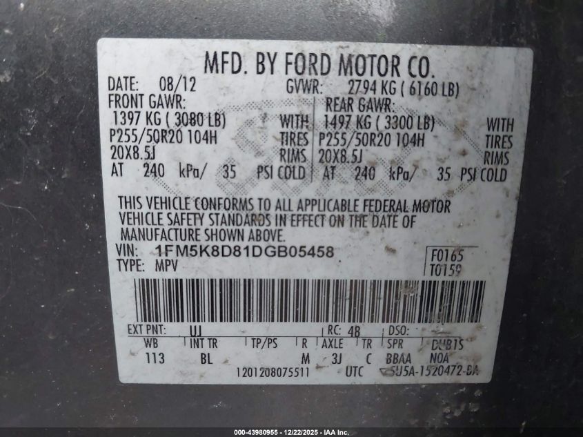 2013 Ford Explorer Xlt VIN: 1FM5K8D81DGB05458 Lot: 43980955