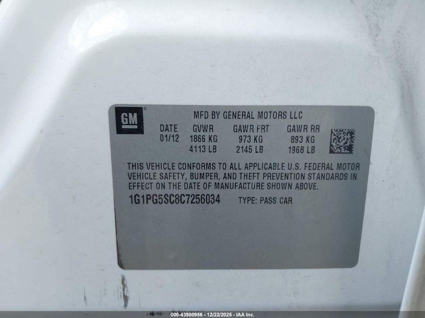 2012 Chevrolet Cruze 2Lt VIN: 1G1PG5SC8C7256034 Lot: 43980956
