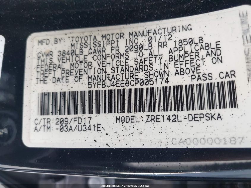 2012 Toyota Corolla S VIN: 5YFBU4EE8CP005174 Lot: 43980958