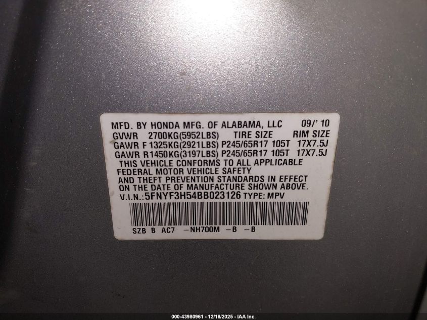 2011 Honda Pilot Ex-L VIN: 5FNYF3H54BB023126 Lot: 43980961