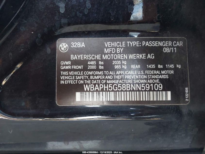 2011 BMW 328I VIN: WBAPH5G58BNN59109 Lot: 43980964