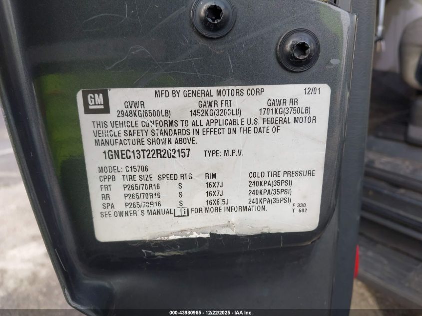 2002 Chevrolet Tahoe Ls VIN: 1GNEC13T22R202157 Lot: 43980965