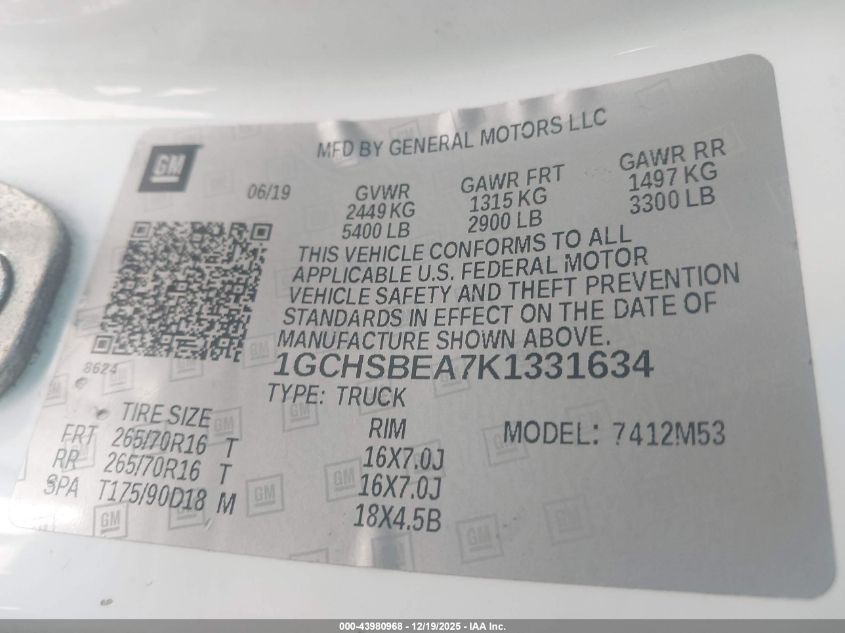 2019 Chevrolet Colorado Wt VIN: 1GCHSBEA7K1331634 Lot: 43980968