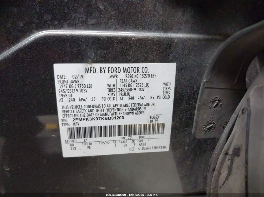 2019 Ford Edge Titanium VIN: 2FMPK3K97KBB81200 Lot: 43980969