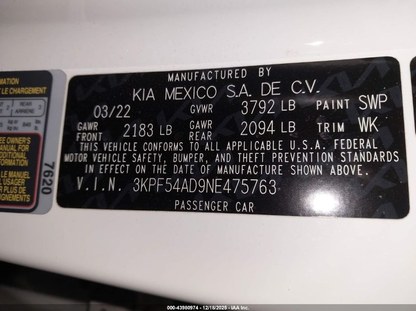 2022 Kia Forte Gt-Line VIN: 3KPF54AD9NE475763 Lot: 43980974