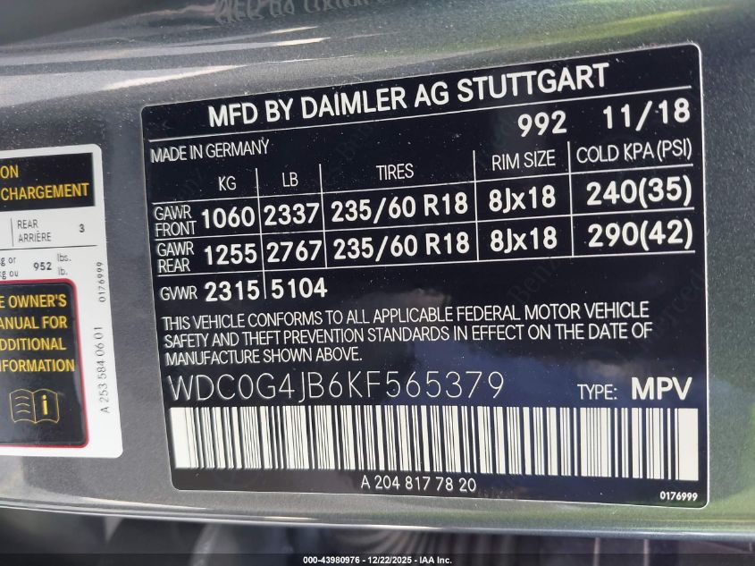 2019 Mercedes-Benz Glc 300 VIN: WDC0G4JB6KF565379 Lot: 43980976