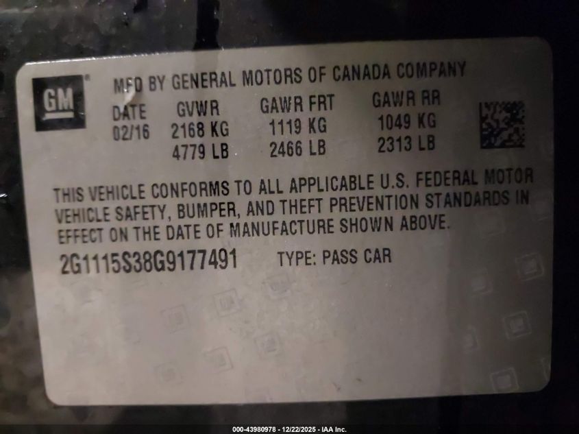 2016 Chevrolet Impala 2Lt VIN: 2G1115S38G9177491 Lot: 43980978