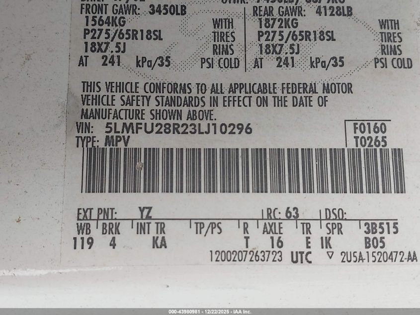 2003 Lincoln Navigator VIN: 5LMFU28R23LJ10296 Lot: 43980981