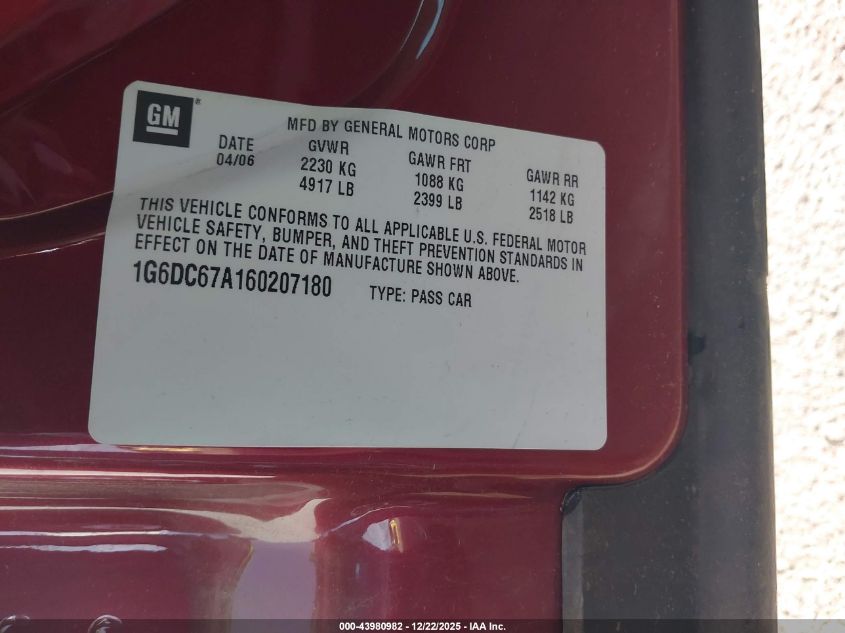 2006 Cadillac Sts V8 VIN: 1G6DC67A160207180 Lot: 43980982