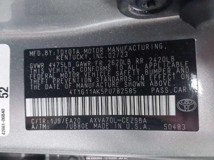 2023 Toyota Camry Se VIN: 4T1G11AK5PU782585 Lot: 43980985