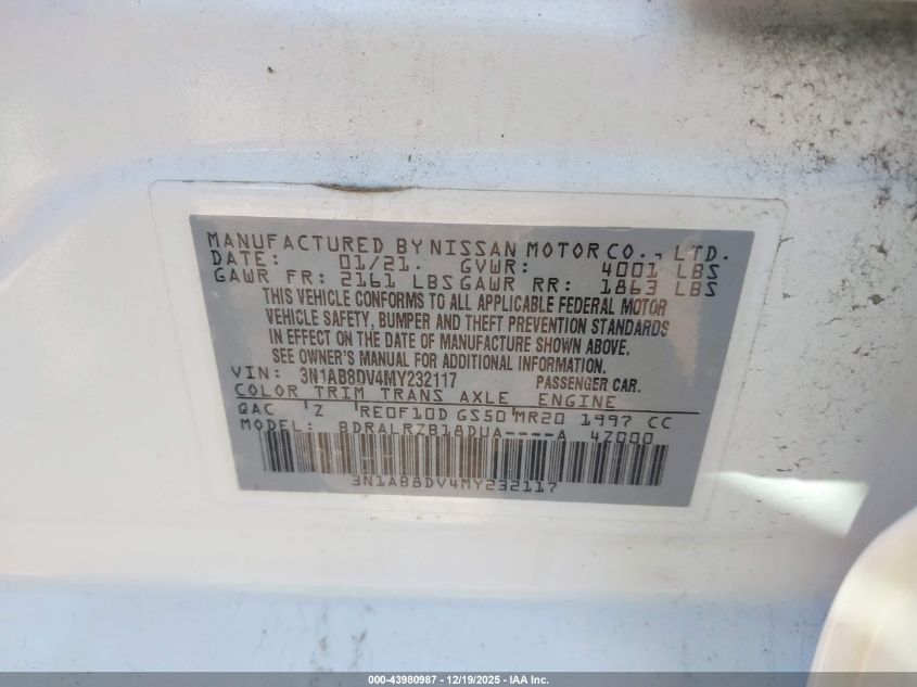 2021 Nissan Sentra Sr Xtronic Cvt VIN: 3N1AB8DV4MY232117 Lot: 43980987