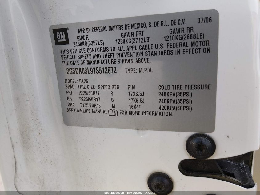 2007 Buick Rendezvous Cx VIN: 3G5DA03L97S512872 Lot: 43980990