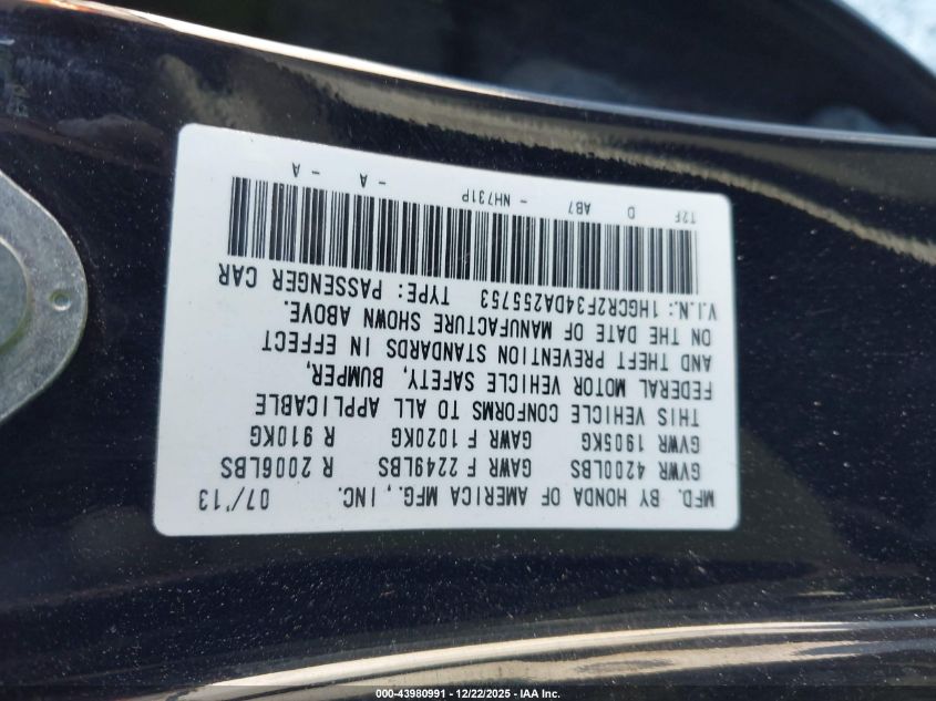 2013 Honda Accord Lx VIN: 1HGCR2F34DA255753 Lot: 43980991