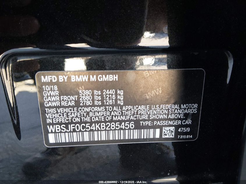 2019 BMW M5 Competition VIN: WBSJF0C54KB285456 Lot: 43980992