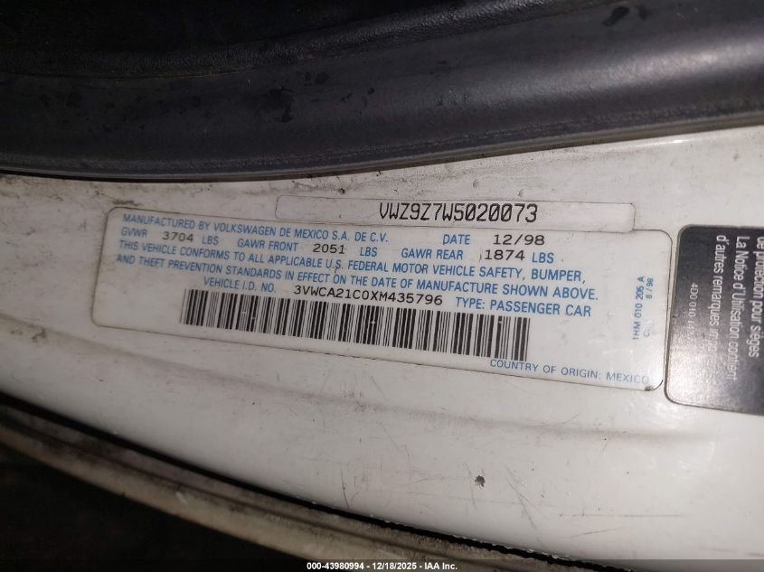 1999 Volkswagen New Beetle Gls VIN: 3VWCA21C0XM435796 Lot: 43980994