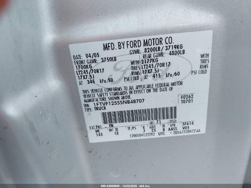 2005 Ford F-150 Xl/Xlt VIN: 1FTVF12555NB48707 Lot: 43980995