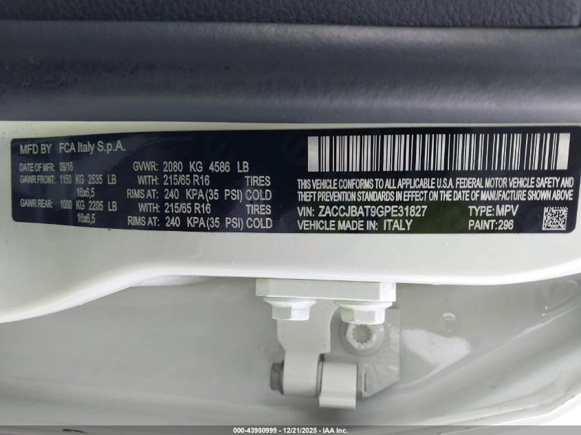 2016 Jeep Renegade Sport VIN: ZACCJBAT9GPE31827 Lot: 43980999