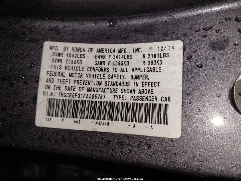 2015 Honda Accord Hybrid VIN: 1HGCR6F31FA005767 Lot: 43981001