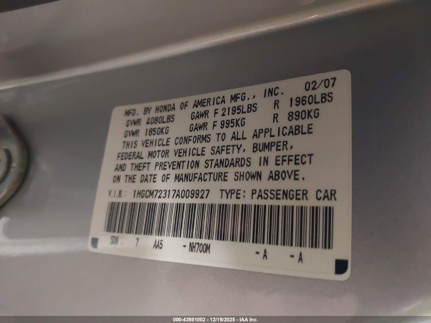 2007 Honda Accord 2.4 Lx VIN: 1HGCM72317A009927 Lot: 43981002