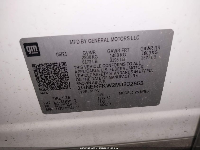 2021 Chevrolet Traverse Fwd Ls VIN: 1GNERFKW2MJ232655 Lot: 43981005