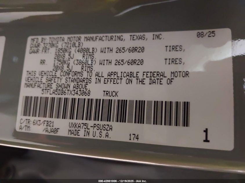 2026 Toyota Tundra Sr5 Crewmax 5.5' Bed VIN: 5TFLA5DB6TX343068 Lot: 43981006