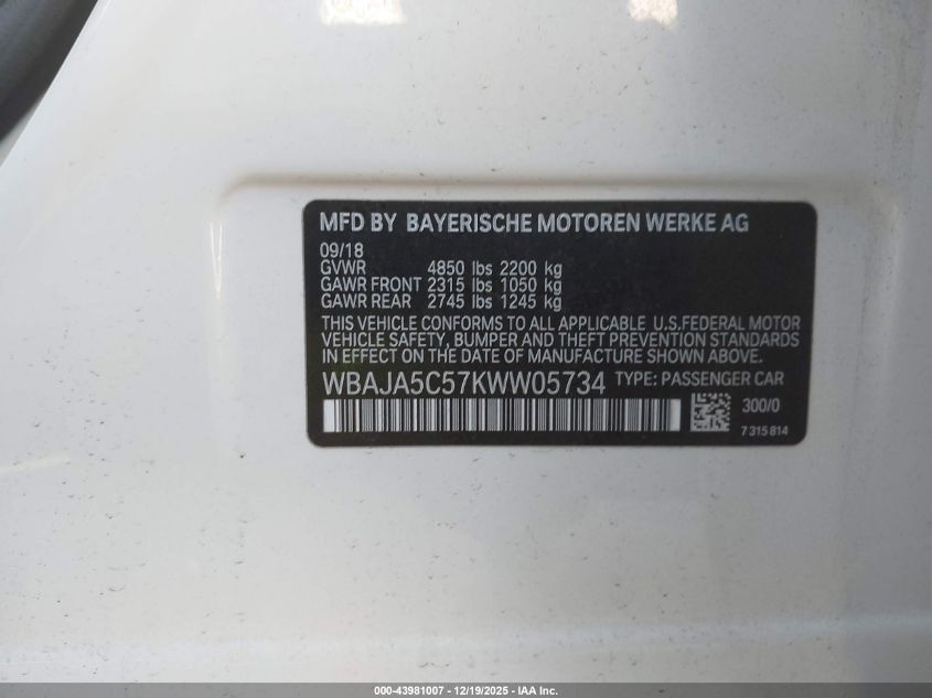 2019 BMW 530I VIN: WBAJA5C57KWW05734 Lot: 43981007