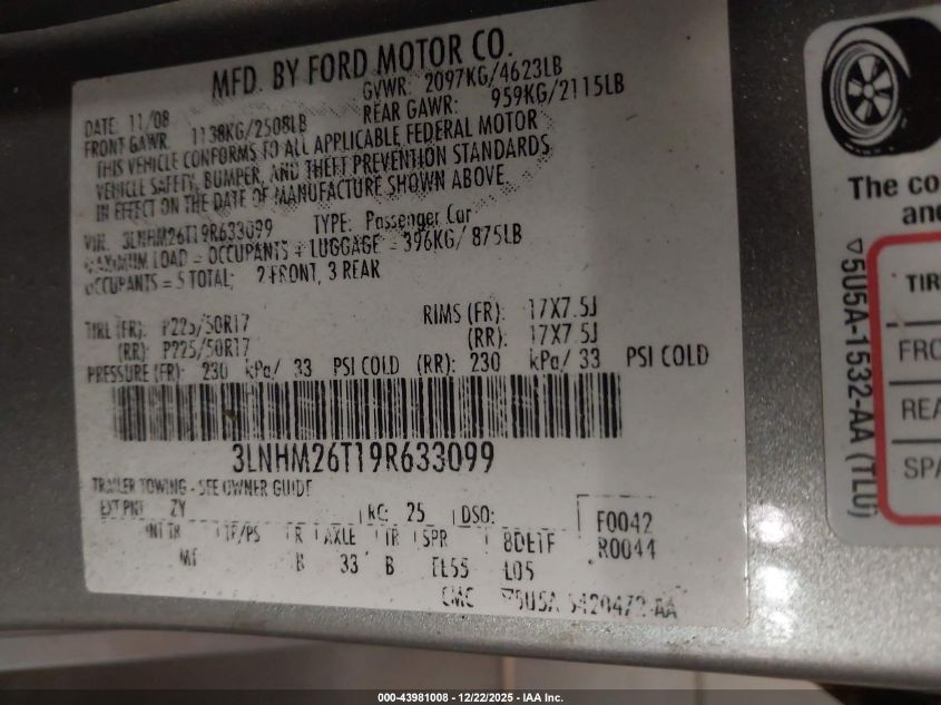 2009 Lincoln Mkz VIN: 3LNHM26T19R633099 Lot: 43981008