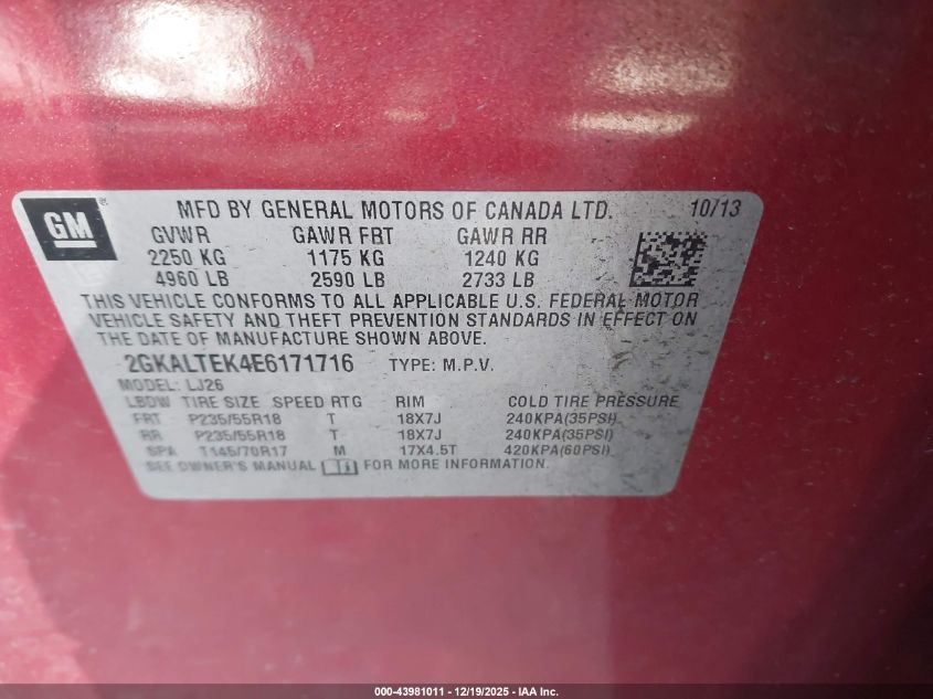 2014 GMC Terrain Slt-2 VIN: 2GKALTEK4E6171716 Lot: 43981011