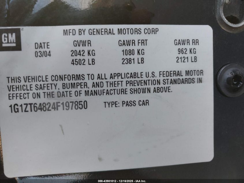 2004 Chevrolet Malibu Maxx Ls VIN: 1G1ZT64824F197850 Lot: 43981012