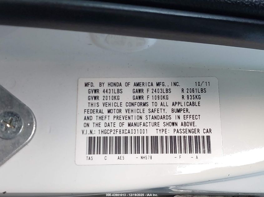 2012 Honda Accord 2.4 Ex-L VIN: 1HGCP2F8XCA031001 Lot: 43981013