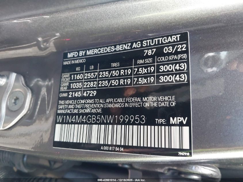 2022 Mercedes-Benz Glb 250 VIN: W1N4M4GB5NW199953 Lot: 43981014