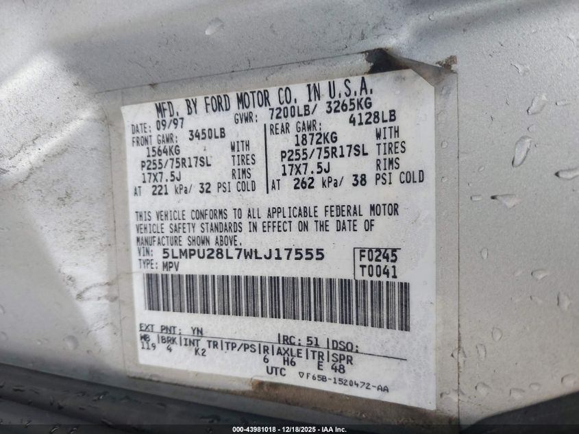 1998 Lincoln Navigator VIN: 5LMPU28L7WLJ17555 Lot: 43981018