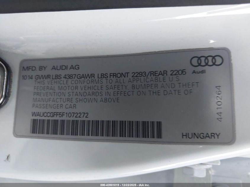 2015 Audi A3 1.8T Premium VIN: WAUCCGFF5F1072272 Lot: 43981019