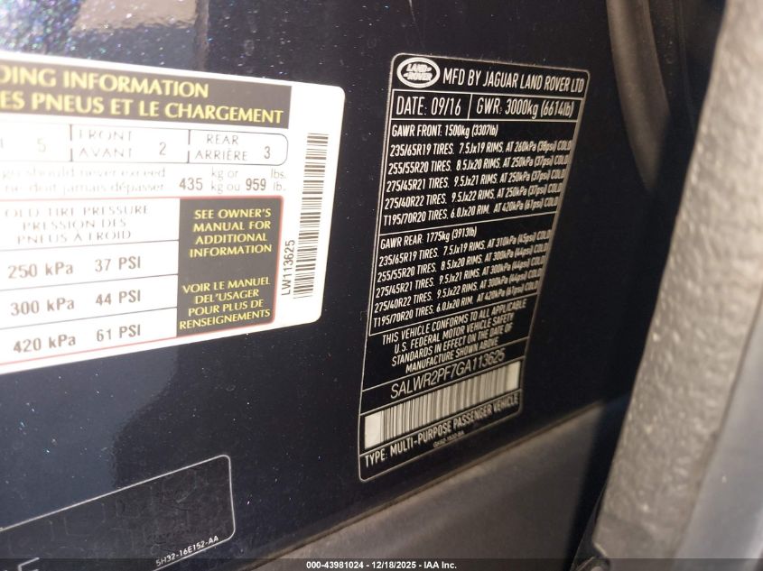 2016 Land Rover Range Rover Sport 3.0L V6 Supercharged Hse VIN: SALWR2PF7GA113625 Lot: 43981024