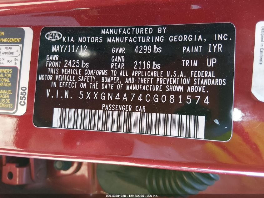 2012 Kia Optima Ex VIN: 5XXGN4A74CG081574 Lot: 43981028