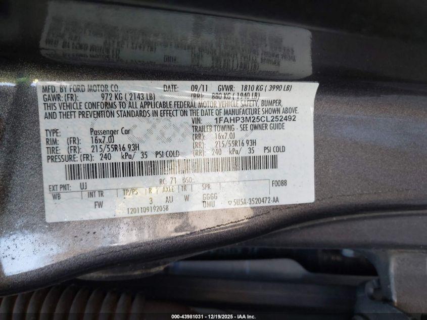 2012 Ford Focus Sel VIN: 1FAHP3M25CL252492 Lot: 43981031