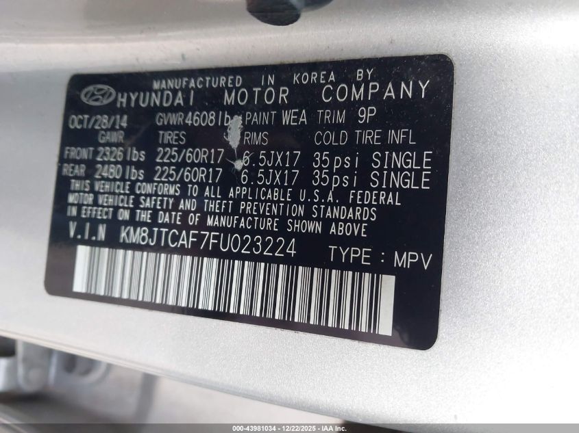 2015 Hyundai Tucson Gls VIN: KM8JTCAF7FU023224 Lot: 43981034