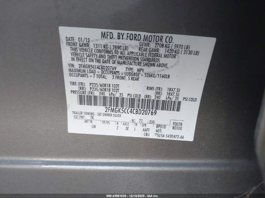 2012 Ford Flex Sel VIN: 2FMGK5CC4CBD20769 Lot: 43981035