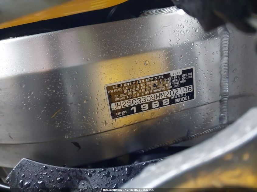 1998 Honda Cbr900 Rr VIN: JH2SC3308WM202106 Lot: 43981037