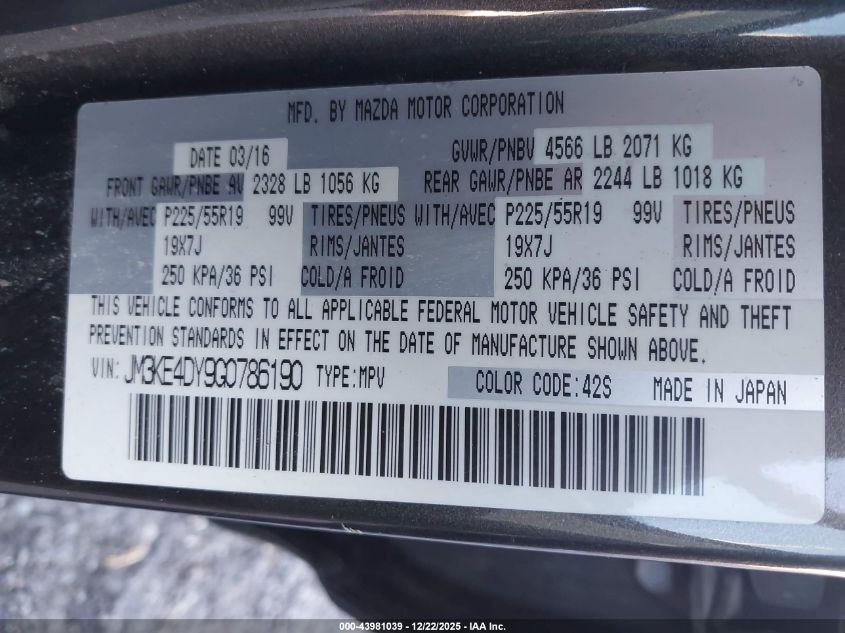 2016 Mazda Cx-5 Grand Touring VIN: JM3KE4DY9G0786190 Lot: 43981039