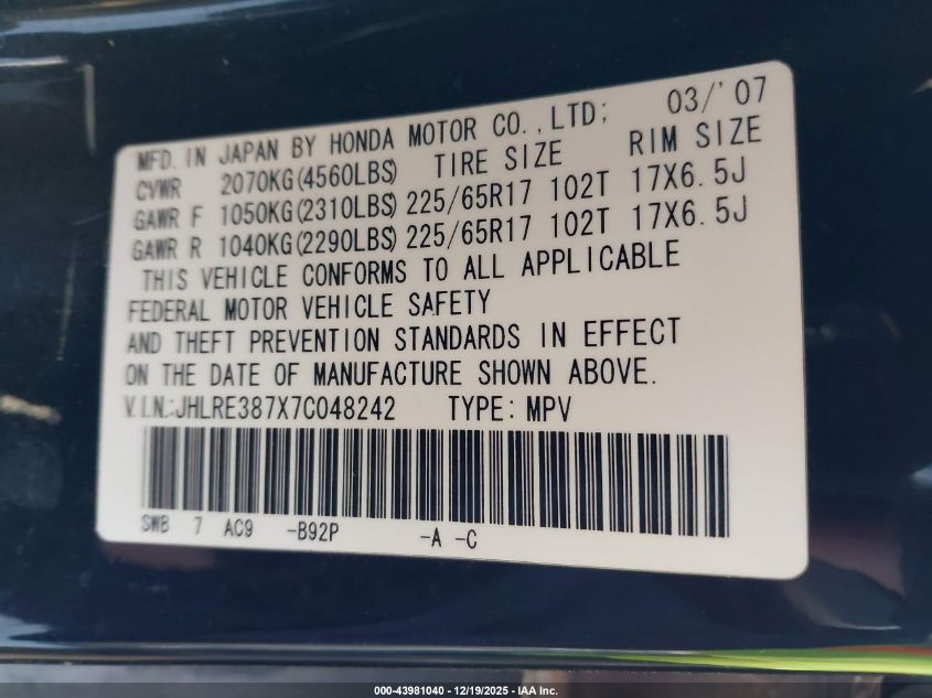 2007 Honda Cr-V Ex-L VIN: JHLRE387X7C048242 Lot: 43981040