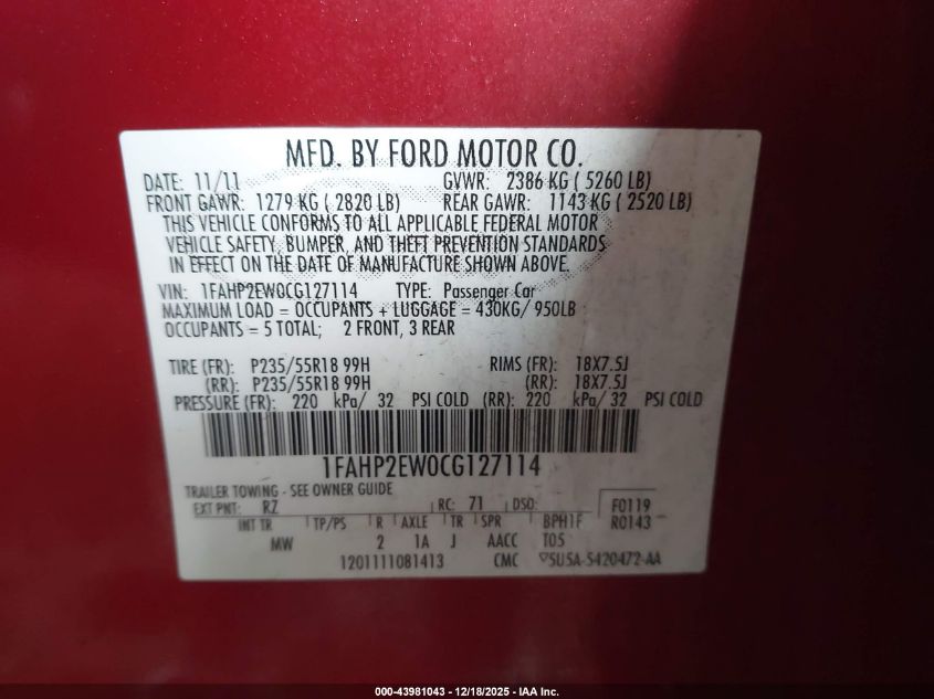 2012 Ford Taurus Sel VIN: 1FAHP2EW0CG127114 Lot: 43981043