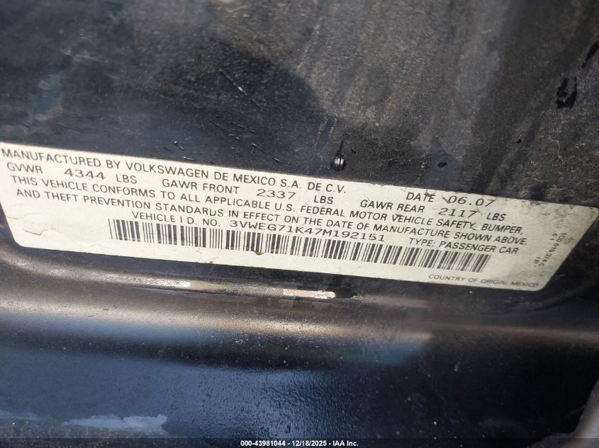 2007 Volkswagen Jetta Wolfsburg Edition VIN: 3VWEG71K47M192151 Lot: 43981044
