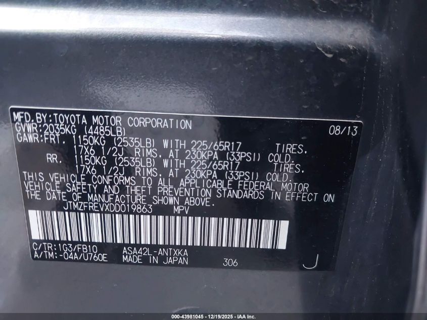 2013 Toyota Rav4 Le VIN: JTMZFREVXDD019863 Lot: 43981045