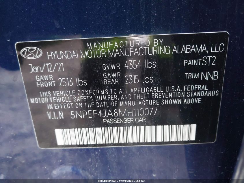 2021 Hyundai Sonata Sel VIN: 5NPEF4JA8MH110077 Lot: 43981048