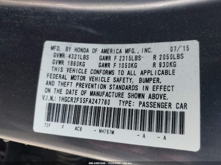 2015 Honda Accord Sport VIN: 1HGCR2F55FA247780 Lot: 43981049