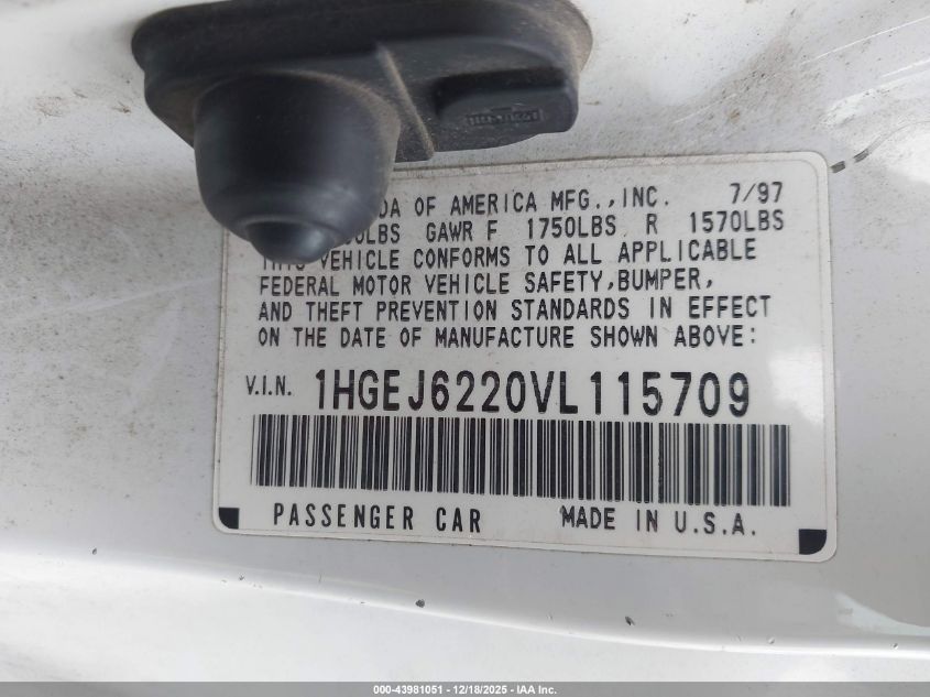 1997 Honda Civic Dx VIN: 1HGEJ6220VL115709 Lot: 43981051