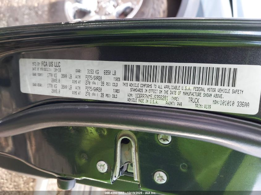 2018 Ram 1500 Laramie 4X4 5'7 Box VIN: 1C6RR7NM5JS356281 Lot: 43981053