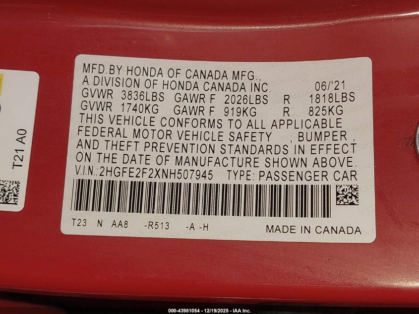 2022 Honda Civic Lx VIN: 2HGFE2F2XNH507945 Lot: 43981054