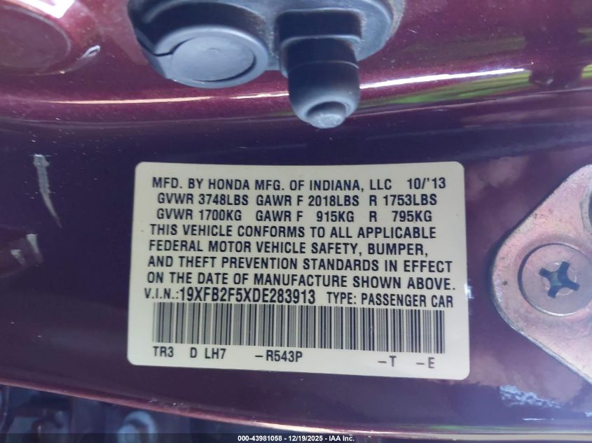 2013 Honda Civic Lx VIN: 19XFB2F5XDE283913 Lot: 43981058